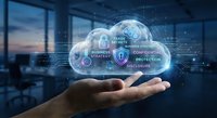 Businessman holding holographic cloud with cybersecurity icons showing data protection, business strategy and confidential information in modern office.