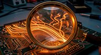 Magnifying glass examining glowing orange circuit board traces and electronic components on computer motherboard for technology analysis and hardware inspection.