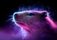 Mystical glowing rat portrait with neon pink and blue lighting effects against dark background, detailed fur texture and magical particle effects surrounding creature.