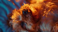 Fluffy ginger dog illuminated by warm sunset light against dark blue background, close-up portrait showing soft fur texture and expressive eyes.