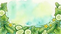 Watercolor frame with fresh cucumbers, sliced vegetables, and yellow flowers on soft pastel background. Isolated design element for culinary, recipe, and organic food marketing materials.