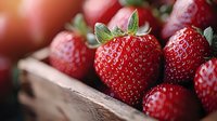 Fresh ripe strawberries with green leaves in rustic wooden box, macro shot with selective focus showing juicy red fruit texture and natural lighting.