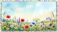 Watercolor wildflower meadow with poppies, daisies and herbs against soft blue sky. Natural botanical border frame for spring summer designs.