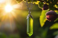 Green crystal pendant on silver chain catching sunlight against natural bokeh background with leaves and warm sunset glow, spiritual healing concept.
