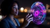 Young African American businesswoman interacting with glowing purple and blue holographic circle interface against dark background with bokeh lights.