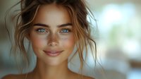 Young woman with natural makeup, freckles, messy updo hairstyle and bright blue eyes smiling at camera against blurred background. Fresh glowing skin and casual style.
