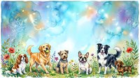 Young dogs of various breeds playing together in a sunny garden with flowers and magical bokeh lights, suitable for pet care, veterinary, and family-friendly designs.