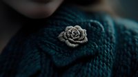 Vintage silver rose brooch pin on dark teal knitted wool sweater texture, moody atmospheric jewelry photography with selective focus and soft bokeh effect.