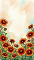 Watercolor gaillardia blanket flowers in red and yellow bloom against a soft pastel background with copy space for text or design.