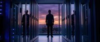 Silhouette of a male IT professional standing in a dark server room corridor with glowing racks, dramatic sunset cityscape visible through window.