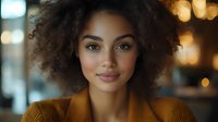 Professional mixed-race woman with curly hair in warm lighting for business portraits and corporate headshots with bokeh background effects.