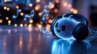 Glowing musical notes float around illuminated headphones with magical blue particle effects against dark background with bokeh lights, creating ethereal atmosphere.