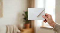 Woman holding blank white envelope in modern home interior with natural light and potted plant.