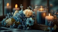 Elegant blue and cream floral arrangement with glowing candles creates romantic ambiance for wedding centerpiece or home decor styling.
