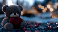 Soft plush teddy bear holding red heart against blurred bokeh lights background with scattered heart decorations, romantic mood for Valentine's day.