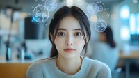 Young Asian woman in gray sweater with magical glowing bubbles floating around her head against blurred cafe background, dreamy ethereal atmosphere.