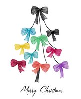 Colorful bow ribbons arranged in Christmas tree shape with handwritten greeting on white background. Isolated design element for holiday cards and decor.