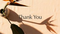 Thank you card with bird of paradise flower casting a dramatic shadow on a warm beige linen background, elegant minimal style.