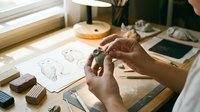 Artist hands sculpting clay figure at wooden workspace with sketches and tools in warm natural light creating handmade pottery art piece.