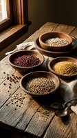 Wooden bowls filled with assorted legumes and grains including red beans, white beans, lentils, and millet arranged on rustic table near window with natural sunlight for cooking and food preparation.