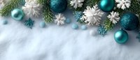 Festive winter border with teal ornaments, white snowflakes, and pine branches on snow background, creating elegant holiday atmosphere.
