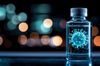 Glowing virus cell in glass bottle against blurred bokeh lights background, scientific research concept in blue tones, medical laboratory visualization.