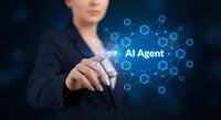 Professional businesswoman touching AI Agent holographic interface with connected network nodes on dark blue background for technology presentations.
