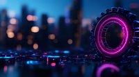 Glowing neon pink gear wheel against blurred city nightscape with bokeh lights, futuristic technological concept representing digital transformation and innovation.