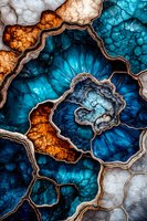 Abstract mineral texture with vibrant blue agate and orange geode patterns featuring natural crystalline formations and intricate veining in contrasting colors.