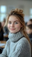 Young blonde woman with messy bun hairstyle wearing cozy gray turtleneck sweater smiling warmly in casual indoor setting with soft natural lighting.