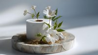 White jasmine flowers and coffee cup on marble tray with dramatic shadows against light background, minimalist composition for spa, wellness and morning rituals.