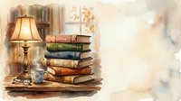 Stacked vintage books beside glowing table lamp on wooden desk with glass of water, warm interior lighting for library, study room, and reading space decor.