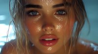 Close up portrait of young woman with wet glowing skin, red glossy lips and natural makeup against blue background. Water drops and shine effects create fresh look.