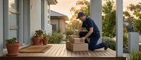 Young Asian male delivery worker in uniform placing cardboard package on modern home porch during golden hour sunset for online shopping and logistics services.