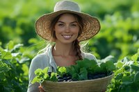 Young Caucasian woman in straw hat smiling while holding basket of fresh harvested vegetables in green garden on sunny summer day. Organic farming concept.