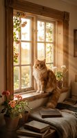 Fluffy ginger cat sitting on a sunlit wooden windowsill surrounded by blooming flowers and warm golden light in a cozy rustic room.