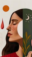 Side profile of young Hispanic woman with freckles and long dark hair against abstract background featuring moon, sun, and botanical elements. Minimalist artistic style.