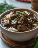Tender beef chunks in rich brown sauce served over steamed rice, garnished with fresh green onions and herbs in ceramic bowl on wooden board.
