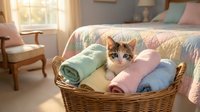 Tabby and white kitten sitting in wicker basket filled with folded pastel colored towels and blankets in sunny bedroom with bed and chair.