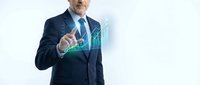 Mature Caucasian businessman in dark suit touching holographic financial growth chart with rising bar graphs and data visualization interface.