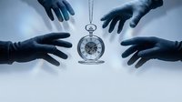 Four hands reaching toward suspended vintage pocket watch on chain against light background symbolizing time management and teamwork coordination.