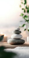 Balanced zen stones pyramid with burning candles and green leaves on blurred background. Peaceful spa and meditation atmosphere for wellness centers.