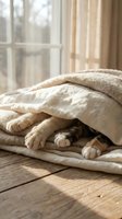 Cozy tabby cat hiding under soft beige blanket on wooden floor near window with warm natural light streaming through for comfort and relaxation.