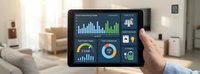 Smart home energy management dashboard on tablet showing consumption analytics, efficiency metrics and control interface for modern residential automation.