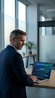 Mature businessman analyzing financial data on laptop in modern office environment for corporate strategy and investment planning decisions.