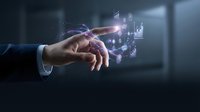 Businessman hand touching holographic financial data charts and graphs with glowing digital interface for business analytics and market research.