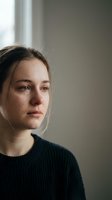Young Caucasian woman with tears on face showing emotional distress and sadness in natural indoor lighting for mental health awareness campaigns.