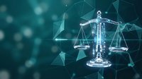 Digital justice scales with glowing network connections representing legal technology, artificial intelligence in law, and modern judicial systems for legal tech.