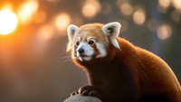 Red panda sitting on branch with warm golden bokeh lights in background, wildlife photography with soft natural lighting for nature and animal content.