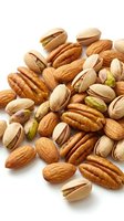Mixed nuts collection with almonds, pecans, pistachios and walnuts on white background for healthy snacking and cooking recipes.